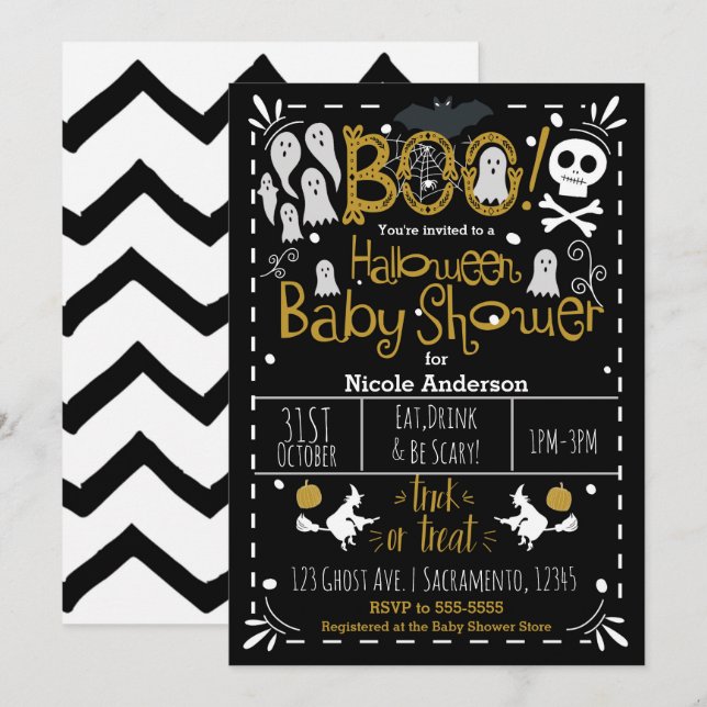 Invitation Halloween Baby shower moderne main lunaire tiré (Devant / Derrière)