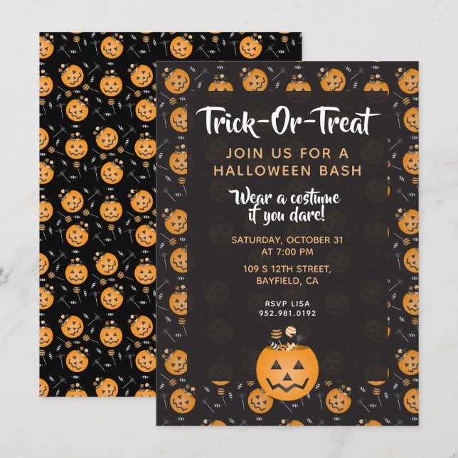 Invitation Halloween Bash Trick Ou Treat Citrouille Candy (Devant / Derrière)