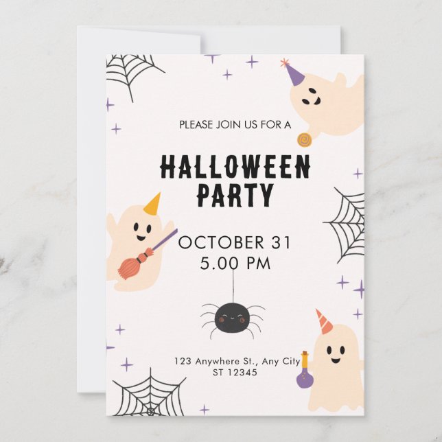 Invitation Halloween beige noir orange jouant (Devant)