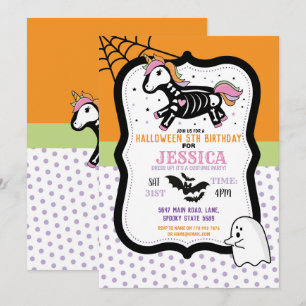 Invitation Halloween Birthday Kids Unicorn Skeleton Bats