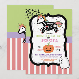 Invitation Halloween Birthday Kids Unicorn Skeleton Fun