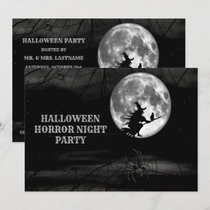 Invitation Halloween Black Night Flying Witch Pleine lune