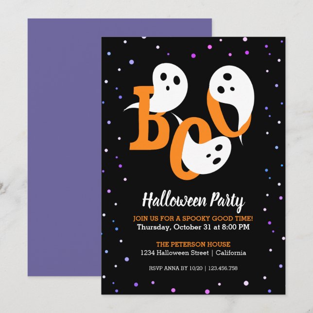 Invitation Halloween Boo Ghosts Purple Confetti (Devant / Derrière)