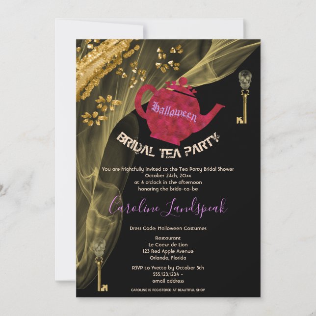 Invitation Halloween Bridal Red Tea Pot & Gold Skuls Party I (Devant)