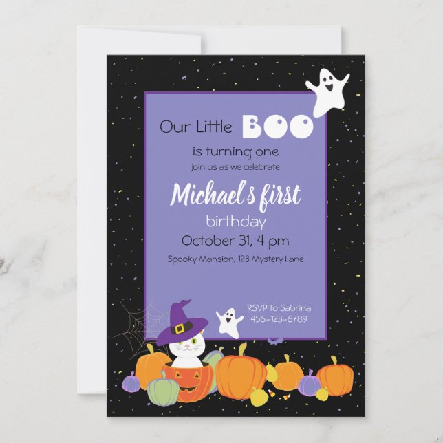 Invitation Halloween Chat Mignon en Chapeau de Sor (Devant)