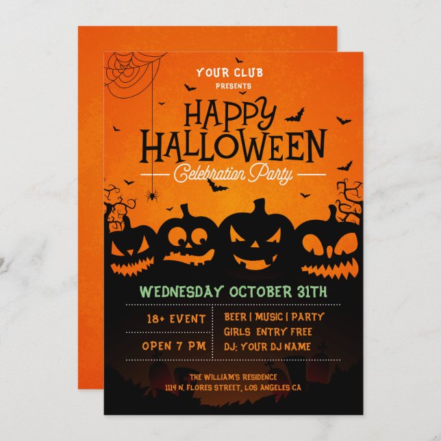 Invitation Halloween citrouille araignées et chauves-souris i (Devant / Derrière)