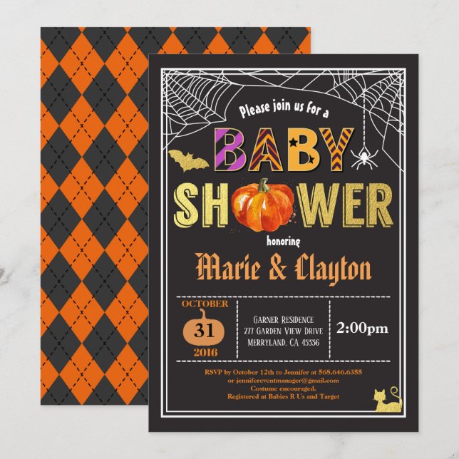 Invitation Halloween citrouille baby shower noir & or invitat (Devant / Derrière)