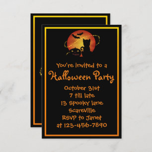 Invitation Halloween Citrouille de chat et chauves-souris