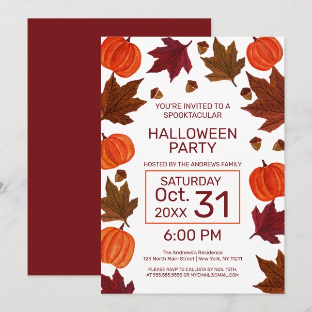 Invitation Halloween Citrouille de l'érable Feuille (Devant / Derrière)