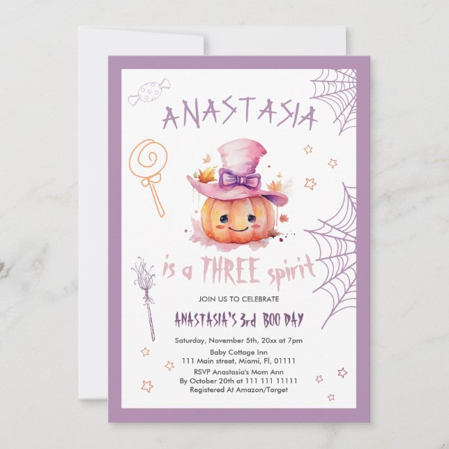 Invitation Halloween Citrouille Éffrayant bébé fille 3e anniv (Devant)