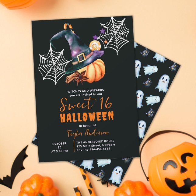 Invitation Halloween Citrouille sorcière Casquette Ghosts mig (sweet 16 halloween birthday party invitation watercolor pumpkin witch hat spiderweb candy elegant)