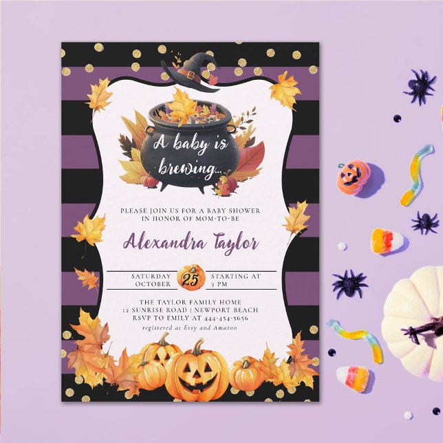 Invitation Halloween Citrouille sorcière mignonne bébé fille  (halloween baby shower witch cauldron pumpkin invitation october novermber fall)