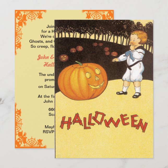 Invitation Halloween Citrouille vintage (Devant / Derrière)