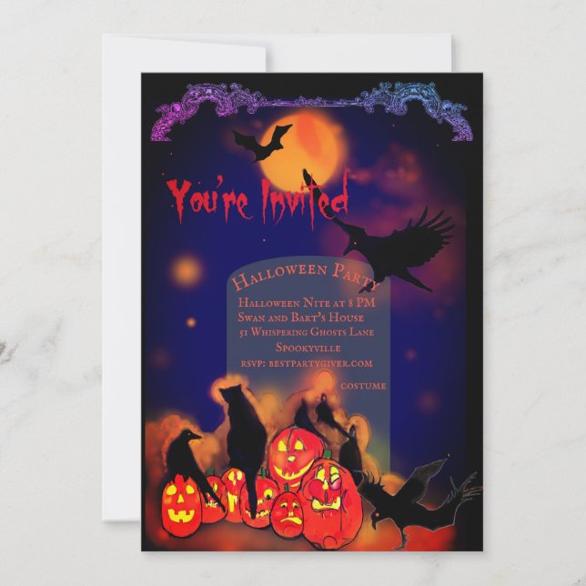 Invitation Halloween Citrouilles brillants Ravens Black Cat (Devant)