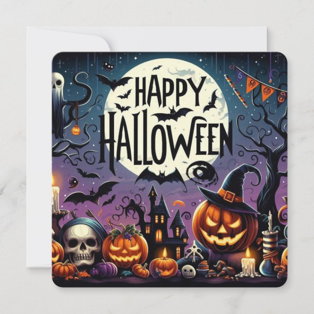 Invitation Halloween Citrouilles de nuit, crânes et maison ha (Devant)