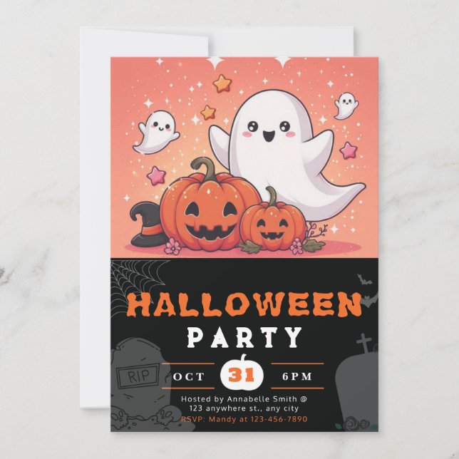 Invitation Halloween Citrouilles Orange et Black Ghosts (Devant)