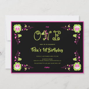 Invitation Halloween classique Noir & Crâne rose 1er annivers