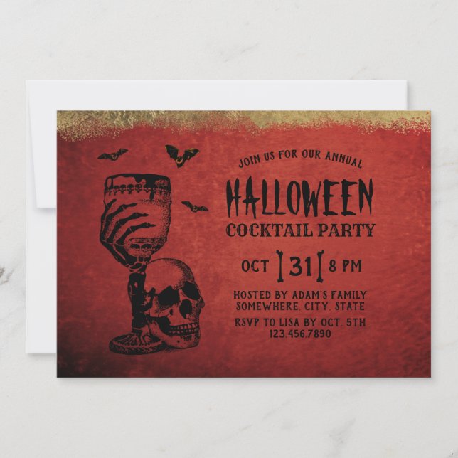 Invitation Halloween Cocktail Party Crâne Bloody Vin Verre (Devant)