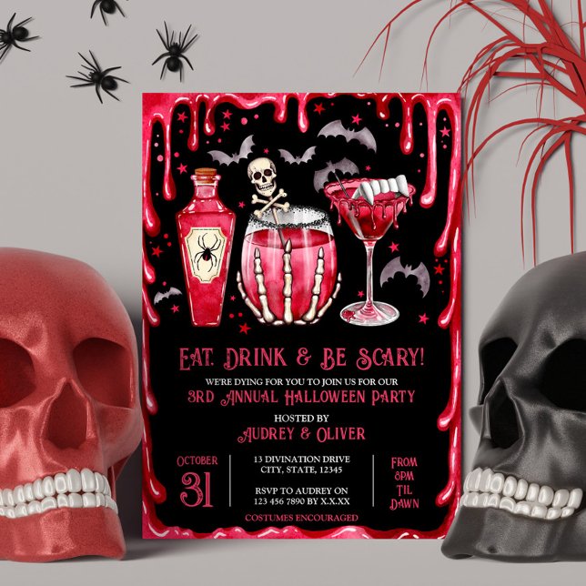 Invitation Halloween Cocktail Party Vampire rouge et sang (Halloween Cocktail Party Red Vampire and Blood Invitation)