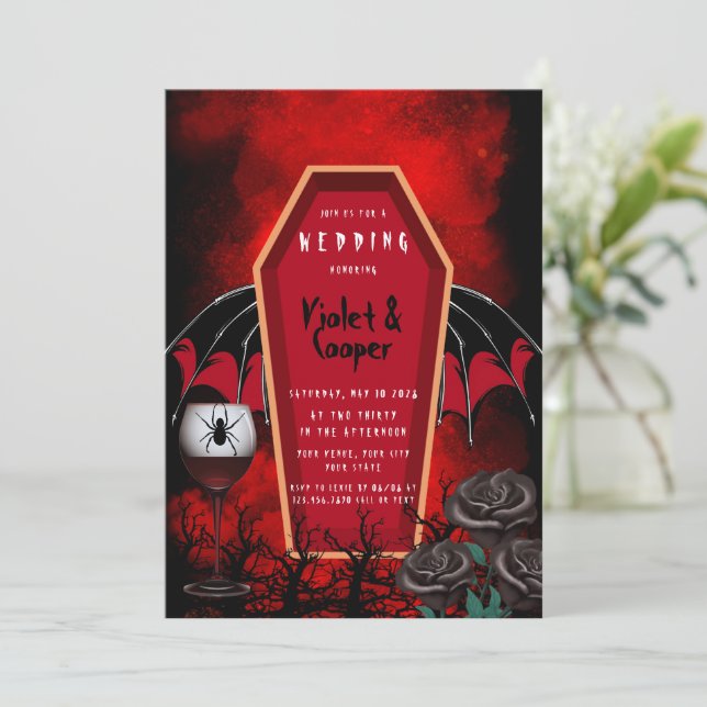 Invitation Halloween Coffin et Bat Wings Rouge Noir Mariage I (Debout devant)