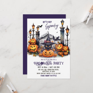 Invitation Halloween Costume Party Black Cat Witch Hat scary 