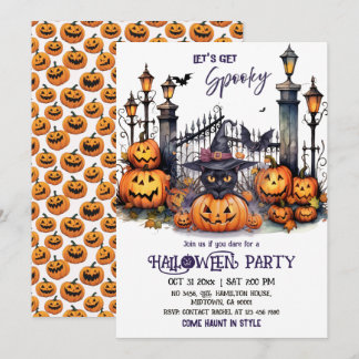 Invitation Halloween Costume Party Black Cat Witch Hat scary 