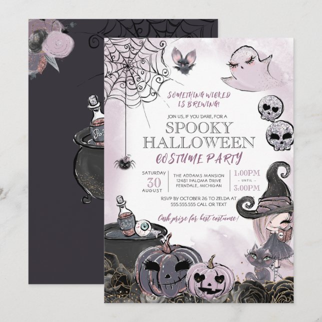 Invitation Halloween Costume Party Éffrayante mignonne sorciè (Devant / Derrière)