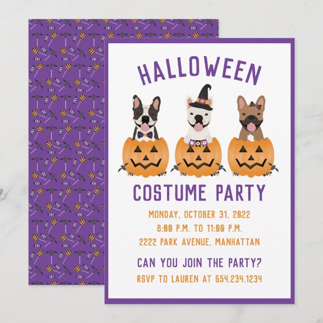 Invitation Halloween Costume Party Français Bulldogs Citrouil (Devant / Derrière)