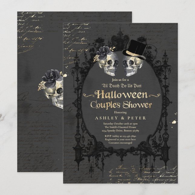 Invitation Halloween Couples Douche Fiançailles crâne gothiqu (Devant / Derrière)
