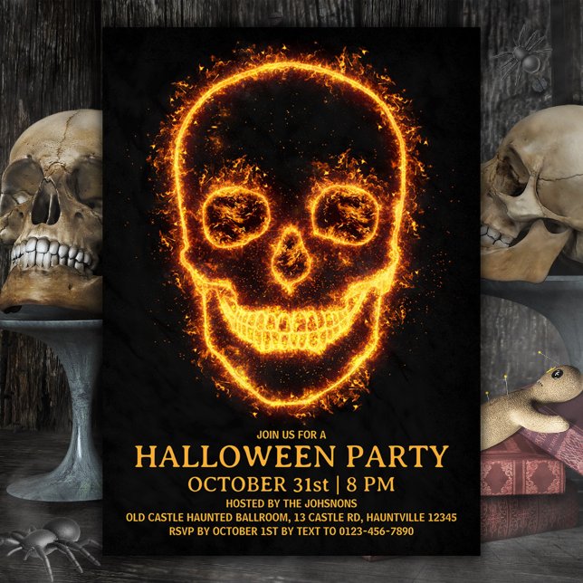 Invitation Halloween crâne de feu (Halloween invitation fiery skull, let's set the party on fire. Burning skull Halloween invitation)