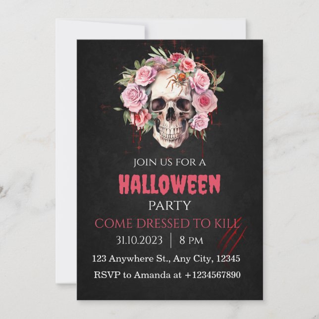 Invitation Halloween Crâne Roses Adultes à l'invitation (Devant)