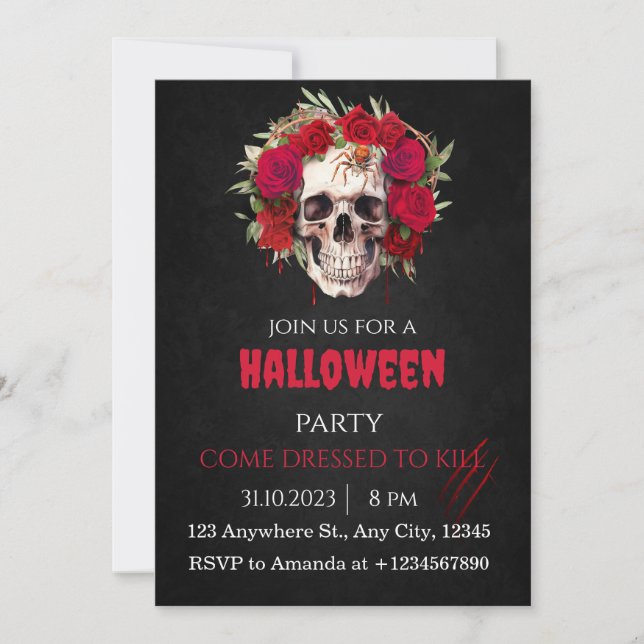Invitation Halloween Crâne Roses Adultes à l'invitation (Devant)