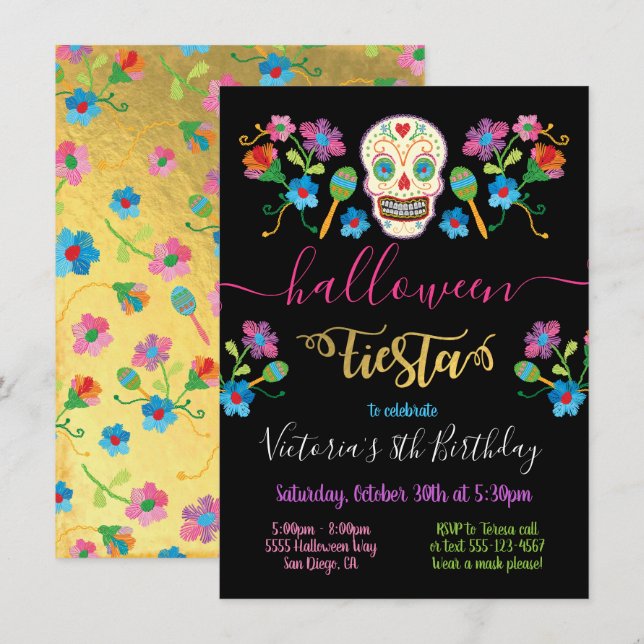 Invitation Halloween crâne sucre Fiesta BIrthday Party (Devant / Derrière)