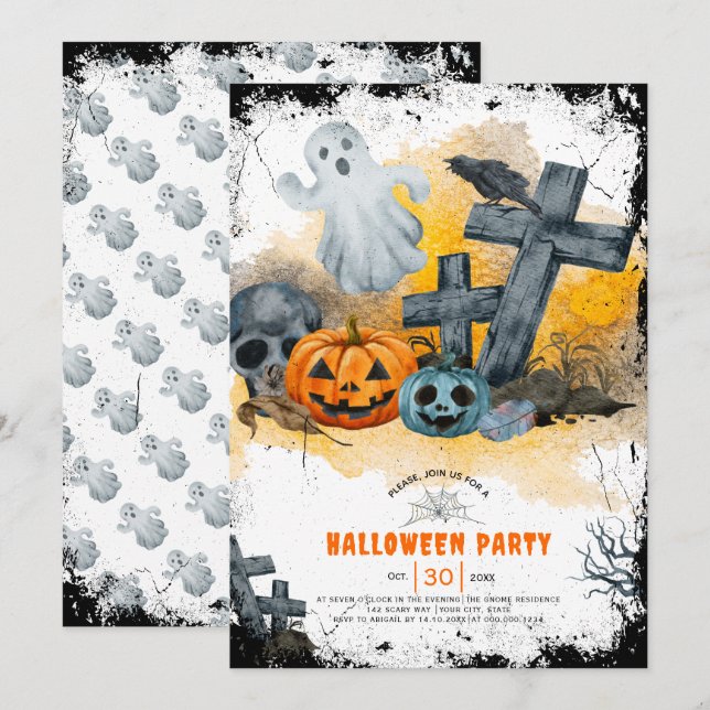 Invitation Halloween croix et l'invitation de la fête fantôme (Devant / Derrière)