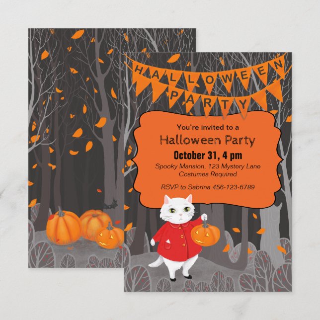Invitation Halloween Cute Cat & Jack-o’-lanterne Citrouille (Devant / Derrière)
