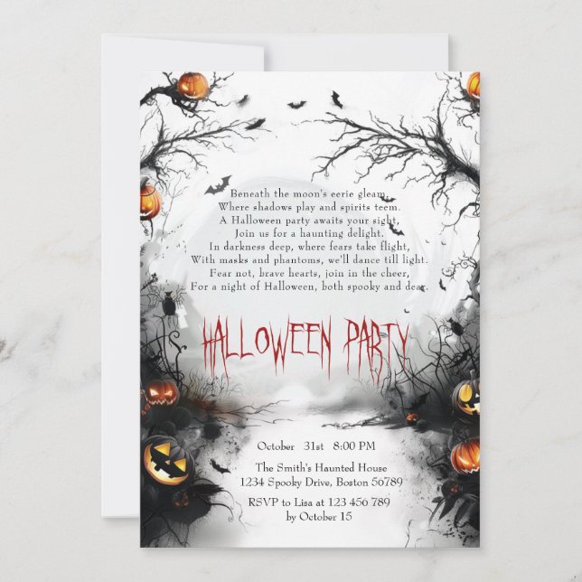 Invitation Halloween en forêt éffrayante et poème Citrouille (Devant)