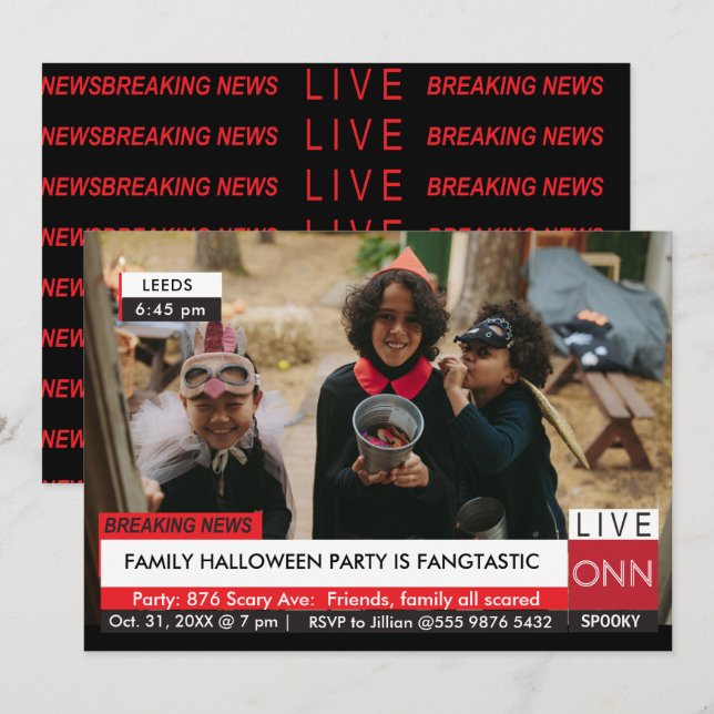 Invitation Halloween Famille Rompre TV Actualités Fabuleux (Devant / Derrière)