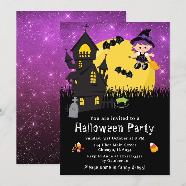 Invitation Halloween Fancy Dress Party sorcière violet (Devant / Derrière)