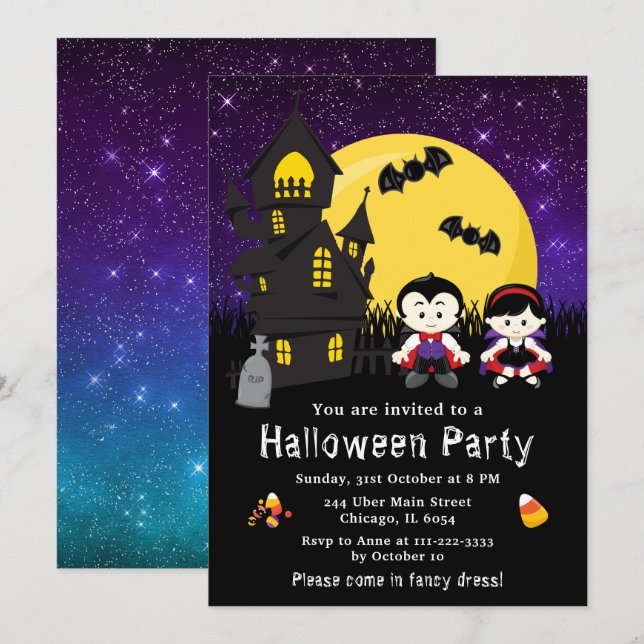 Invitation Halloween Fancy Robe Party Vampires violet (Devant / Derrière)