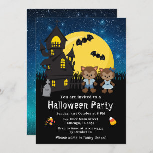 Invitation Halloween Fancy Robe Party Werewolf Bleu
