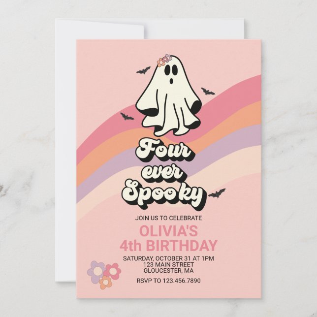 Invitation Halloween Fantôme Rétro Quatre Anniversaire Éffray (Devant)