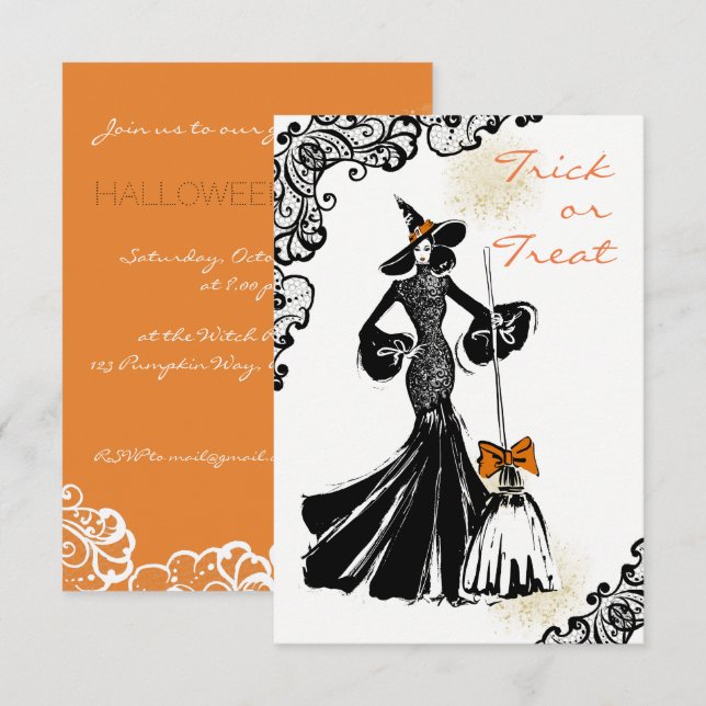 Invitation halloween fashionillustration avec motif de dentel (Devant / Derrière)