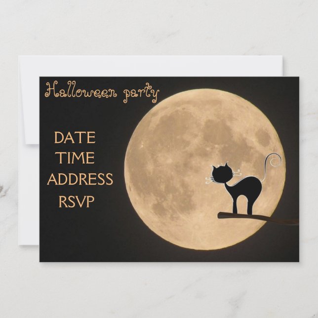 Invitation Halloween fête chat noir pleine lune (Devant)