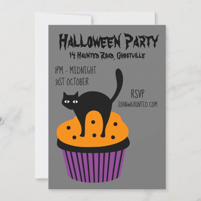 Invitation Halloween fête cupcake chat noir et orange (Devant)