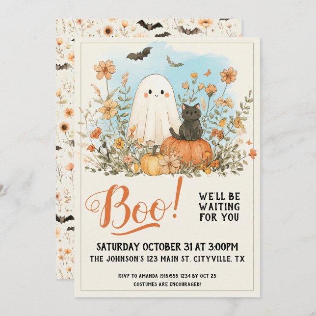 Invitation Halloween Floral Cute Ghost (Devant / Derrière)