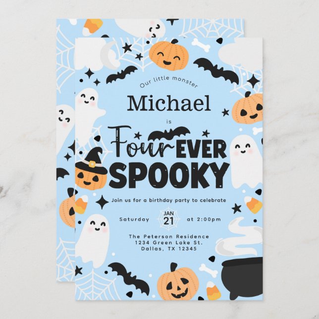 Invitation Halloween Four Ever Spooky 4th Birthday Party (Devant / Derrière)