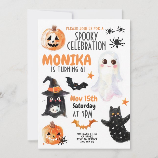 Invitation Halloween Ghost Cats Enfants Aquarelle Anniversair (Devant)