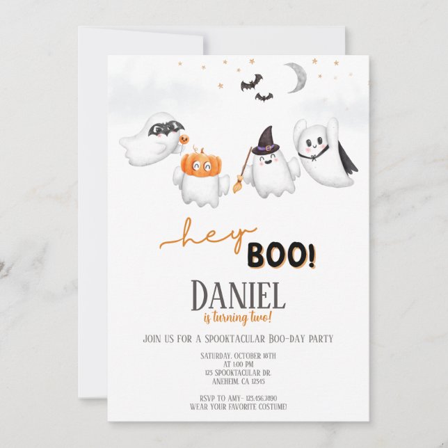 Invitation Halloween Ghost Hey Boo fête d'anniversaire (Devant)