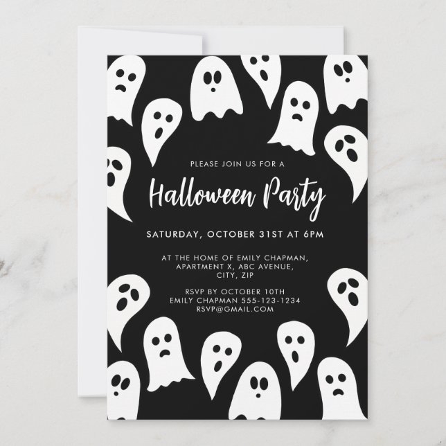 Invitation Halloween Ghost Party noir et blanc (Devant)