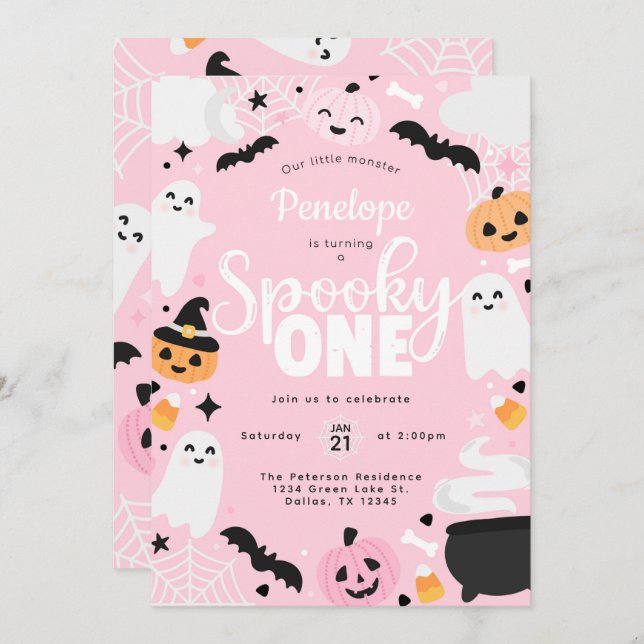 Invitation Halloween Ghost Pink 1st Birthday Party (Devant / Derrière)
